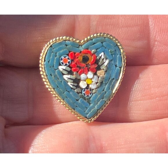 Heart-Shaped Italian Micro Mosaic Pin Brooch Gold-Tone Floral Design - Picture 5 of 8